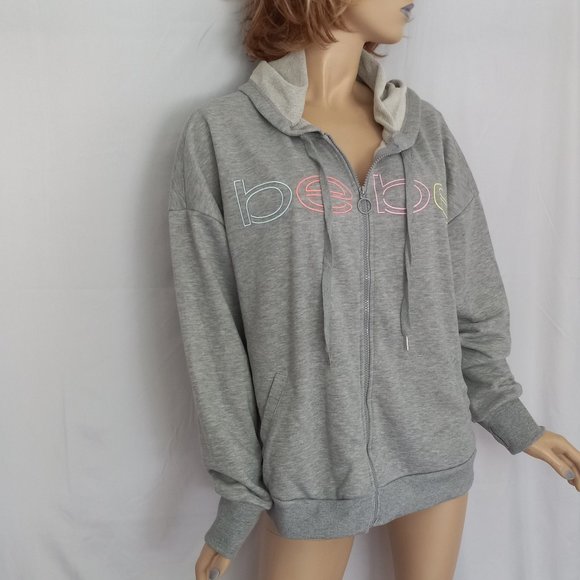 Nwt $104 BEBE Multi Color Logo Full Zip Hooded Sweatshirt Heather Grey Sz 2X - Picture 2 of 8